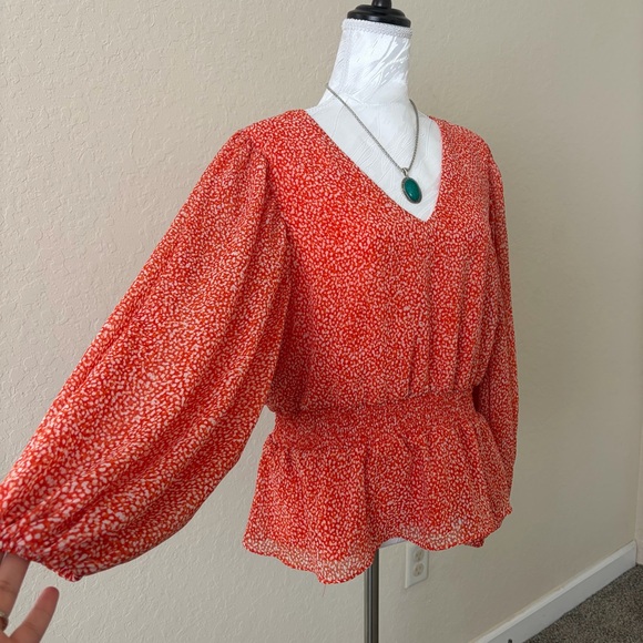 Sam & Jess Orange Floral Smocked Waist Peplum Blouse XL Boho Balloon Sleeve - Picture 4 of 10